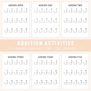 Addition Math Printable 0-15 Worksheets For Early Learners, Preschool, Kindergarten (Digital Download)
