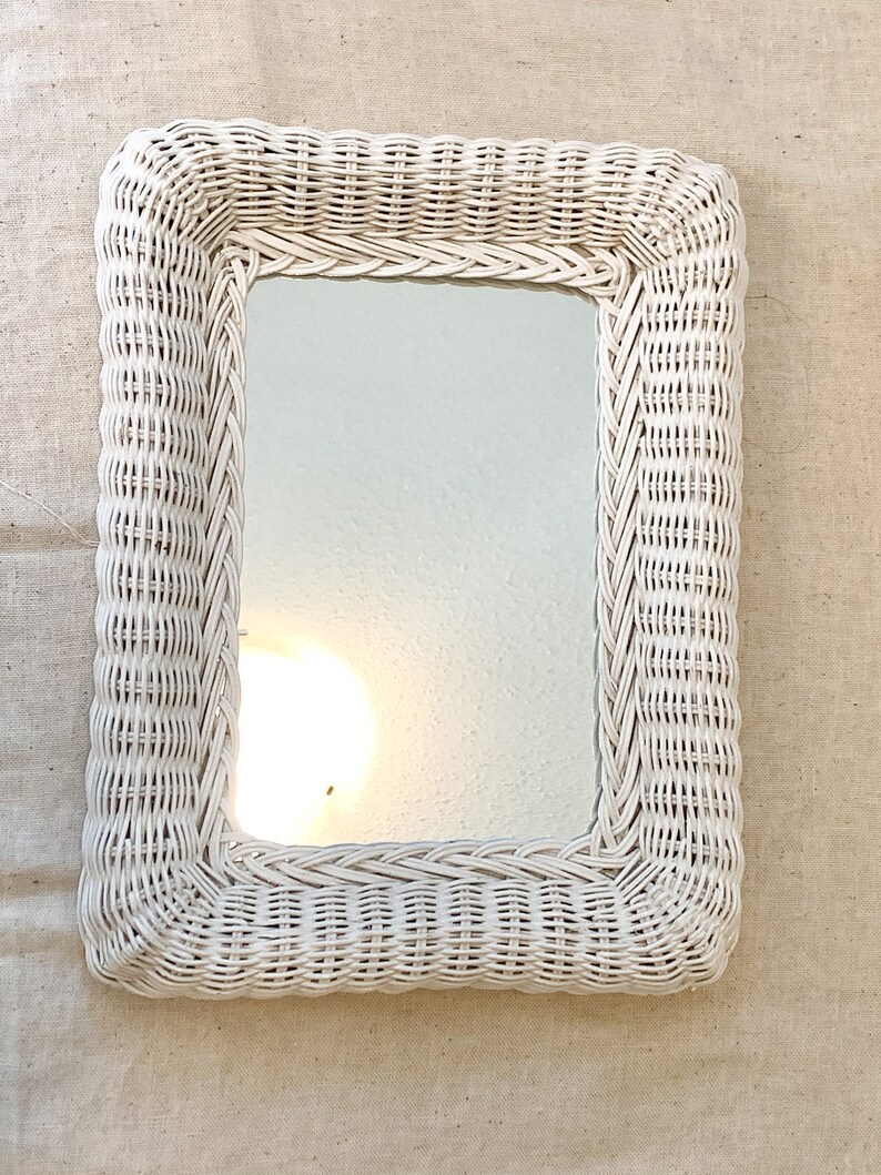 Vintage White rectangular wicker mirror Etsy