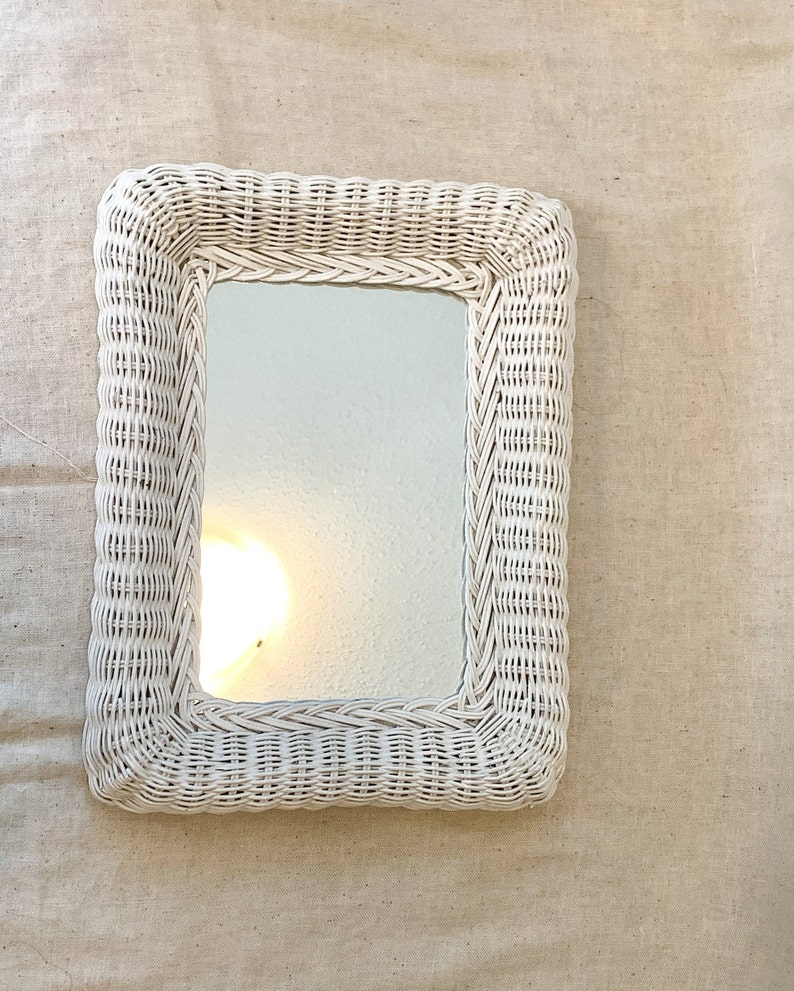Vintage White rectangular wicker mirror Etsy