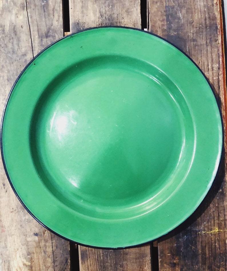 Vintage Enamelware Green plate Shabby Chic Cabin decor Cabane Collection