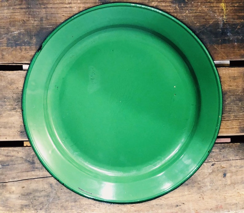 Vintage Enamelware Green plate Shabby Chic Cabin decor Cabane Collection