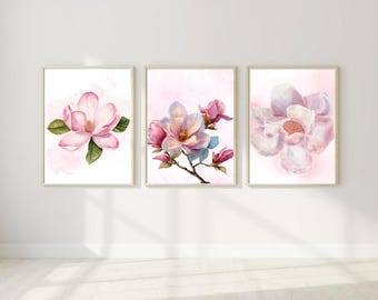 Pink Magnolia Watercolor Print Set, Floral Botanical Art (Digital Download)