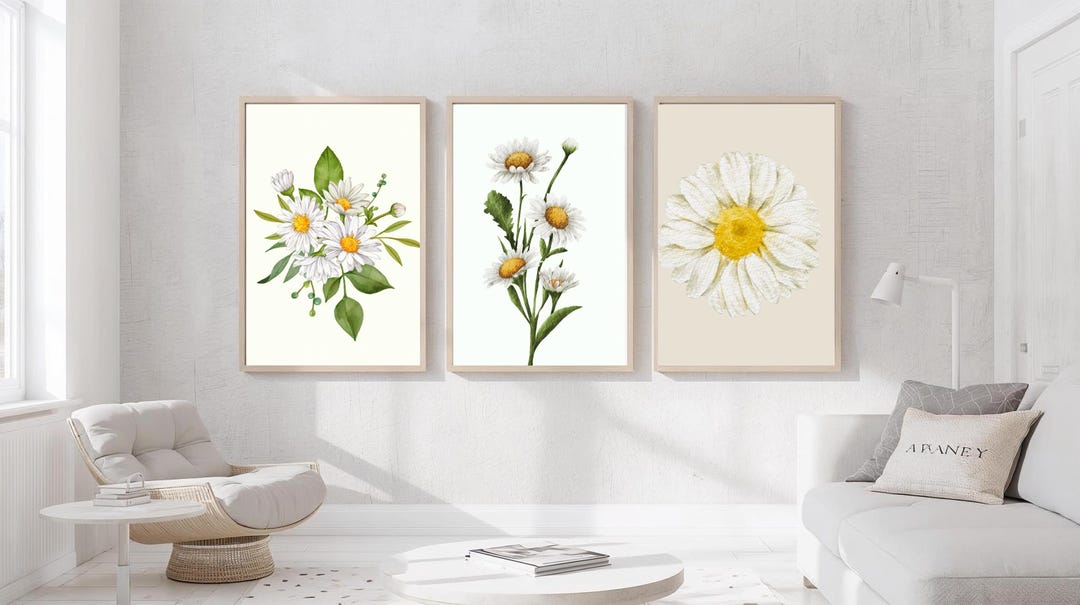 Daisy Wall Art Set of 3, Watercolor Daisy Prints, Botanical Flower ...