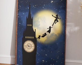 Peter Pan Wall Art Poster, Neverland Night Sky Print, Vintage Fantasy Print, Magical Storybook Decor, Classic Kids Room Art