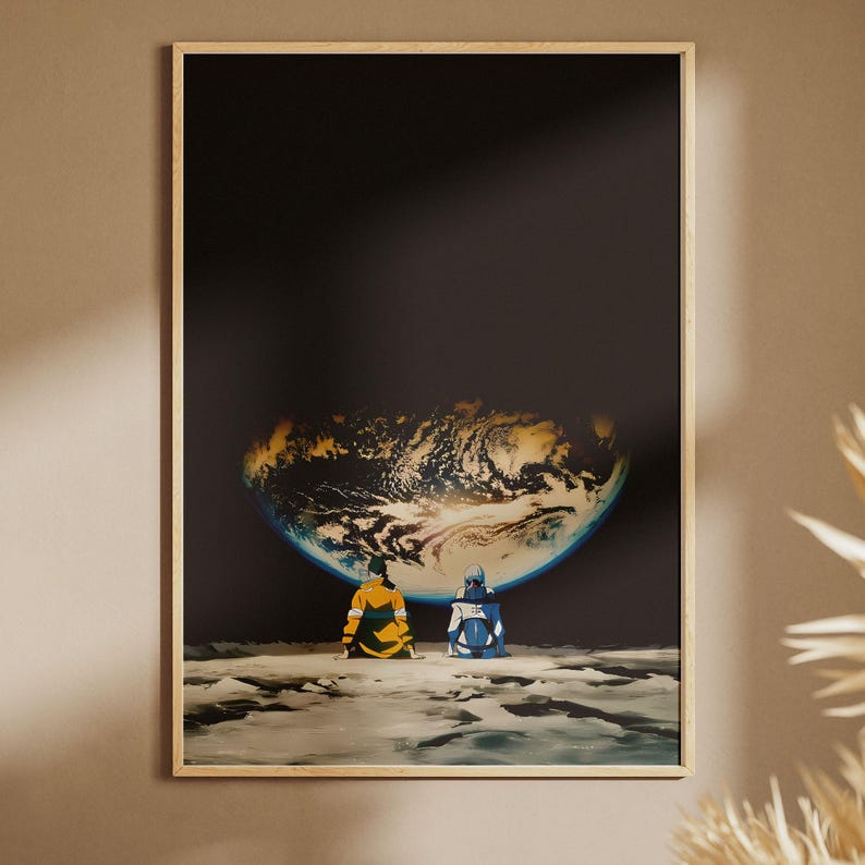 May include: A rectangular wall art print featuring two figures sitting on a rocky, cratered lunar surface. They are looking up at a large, glowing Earth suspended in the dark, vast expanse of space. The print is encased in a light wood frame.