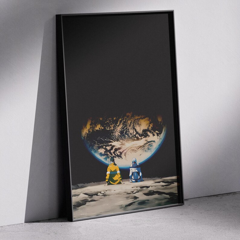 May include: A framed rectangular wall art print featuring two figures sitting on a cratered lunar surface, looking up at a large, glowing Earth against a dark space background. The figure on the left wears a yellow jacket, and the figure on the right wears a blue and white outfit.