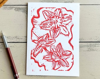 Daffodil card, handmade Lino card, handmade greeting card, birthday card, hand printed card, greeting card, lino cut print, linoleum print