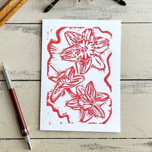 Handmade Daffodil Lino Cut Greeting Card: Floral Art Print