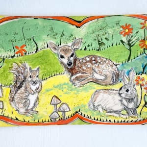 Woodland creatures, ceramic tile art, fine art ceramics, tile art, hand painted tile, forest animals tile, accent tile, tile fine arts image 1