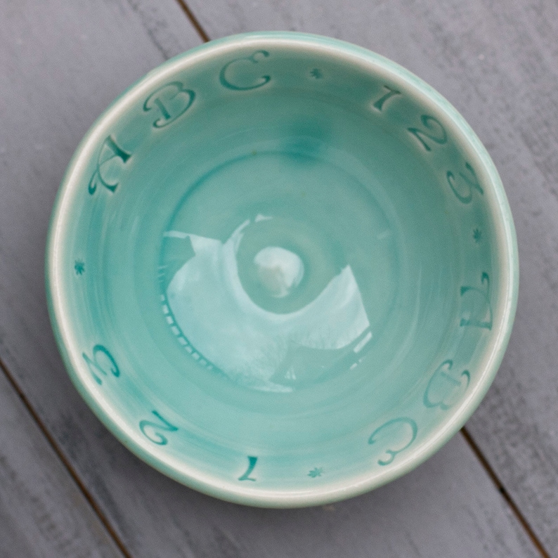 Wheel Thrown Pottery Bowl ABC bowl Baby Shower Gift Celadon Bowl Porcelain Baby Bowl ABC Bowl Small Bowl Ready to Ship Baby gift
