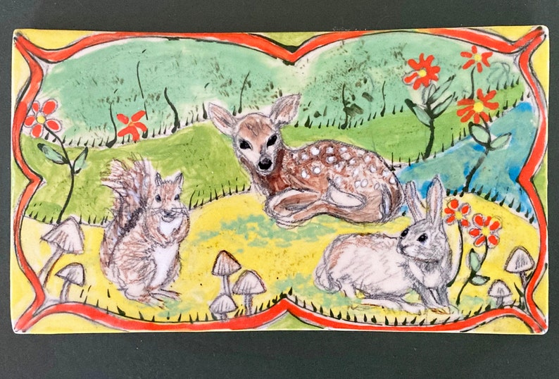 Woodland creatures, ceramic tile art, fine art ceramics, tile art, hand painted tile, forest animals tile, accent tile, tile fine arts image 2