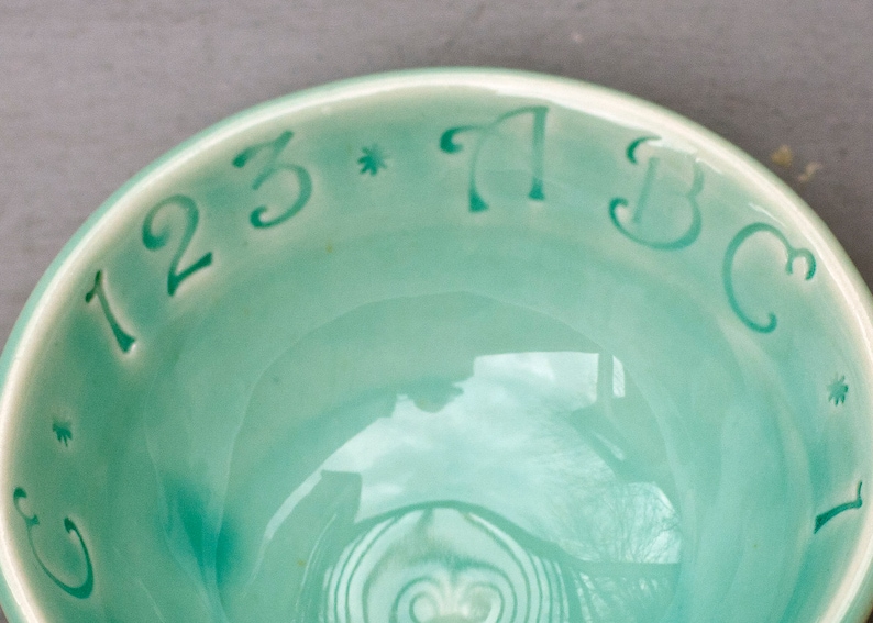 Wheel Thrown Pottery Bowl ABC bowl Baby Shower Gift Celadon Bowl Porcelain Baby Bowl ABC Bowl Small Bowl Ready to Ship Baby gift