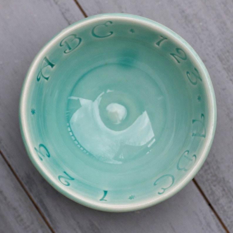 Wheel Thrown Pottery Bowl ABC bowl Baby Shower Gift Celadon Bowl Porcelain Baby Bowl ABC Bowl Small Bowl Ready to Ship Baby gift