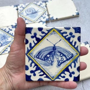 Hand-Painted Delft Blue Tile Set: Floral Ceramic Art, 4&quot; Square, tile art, handmade tile, hand painted tile, fine art ceramics, blue & white