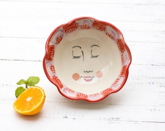 Ceramic face bowl, pottery bowl, flower face dish, handmade pottery, pottery dish, trinket dish, hand painted dish, face bowl, jewelry dish