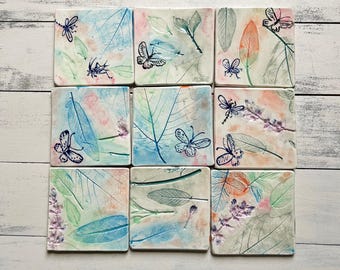 Blattabdruck Keramikfliese: Handgefertigte Steinzeug-Akzentfliese, 4-Zoll-Fliesenkunst, handgemachte Fliesen, handbemalte Fliese, Kunstkeramik