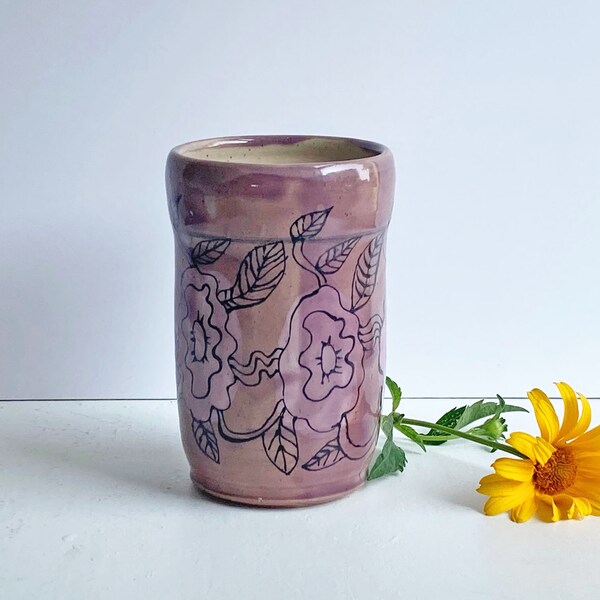 pottery vase, hand painted, Purple glaze, Celadon Vase tumbler, wheelthrown pottery, handmade vase, ceramic flower vase, handmade  vase