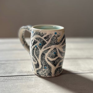 Wheel thrown pottery, Tree mug, Handmade pottery mug, coffee mug, nature pottery mug,  coffee mug handmade, celadon glaze pottery, tea cup