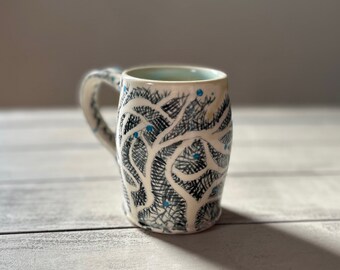 Wheel thrown pottery, Tree mug, Handmade pottery mug, coffee mug, nature pottery mug,  coffee mug handmade, celadon glaze pottery, tea cup