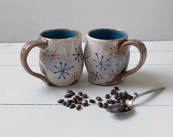 handmade pottery mugs, mugs set handmade, star mugs, set of two mugs, coffee mug set, tea mug set, teacup set, tea for two, pottery cups