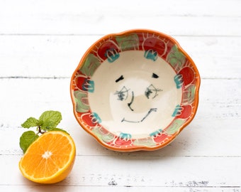 Ceramic tea bag holder, flower face dish, trinket dish, handmade pottery, pottery dish, trinket dish, hand painted dish, face, jewelry dish