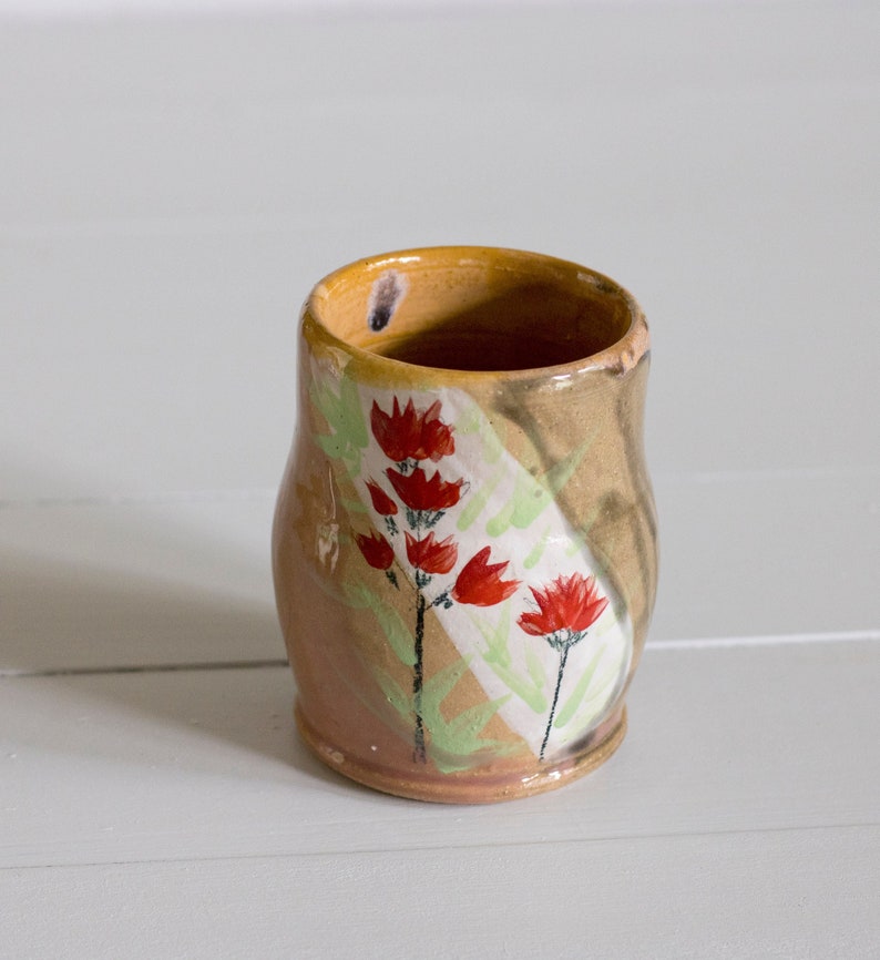 pottery cup, hand painted pottery, wheel thrown cup, wildflower cup, bud vase, floral pottery cup, gift for gardeners, gift for mom, hostess image 1
