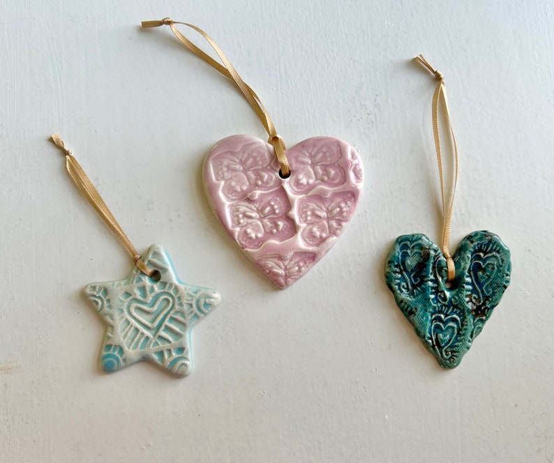 Ceramic ornament, gift topper, clay heart, heart shape ornament, heart ornament image 2