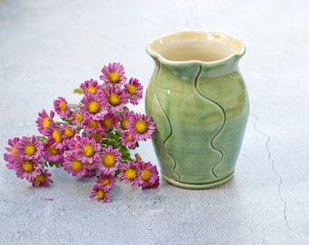 Handmade Wheelthrown Pottery Vase: Green Ceramic Stoneware, mommy vase, small vase, flower vase handmade, hand painted vase