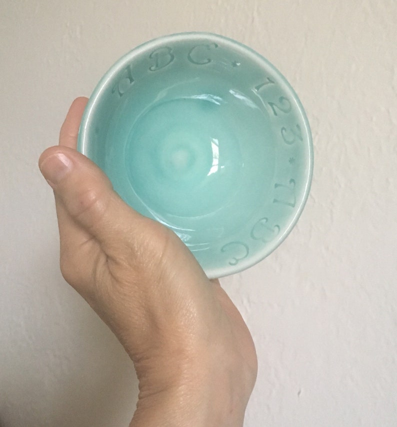Wheel Thrown Pottery Bowl ABC bowl Baby Shower Gift Celadon Bowl Porcelain Baby Bowl ABC Bowl Small Bowl Ready to Ship Baby gift