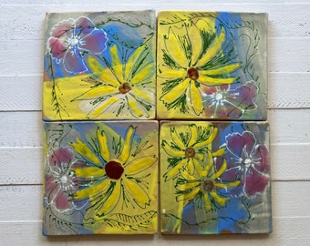 floral tiles, yellow daisy tiles, Handmade Handpainted tile, Accent tiles, Tiles Art, Tiles Backsplash, Tile Art, Tile Mural, Handmade Tiles