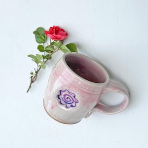 pink mug, handmade mug, pottery mug, pink pottery mug, pink & purple, pink glaze pottery, ceramic mug, gift for mom, floral mug, pretty mug