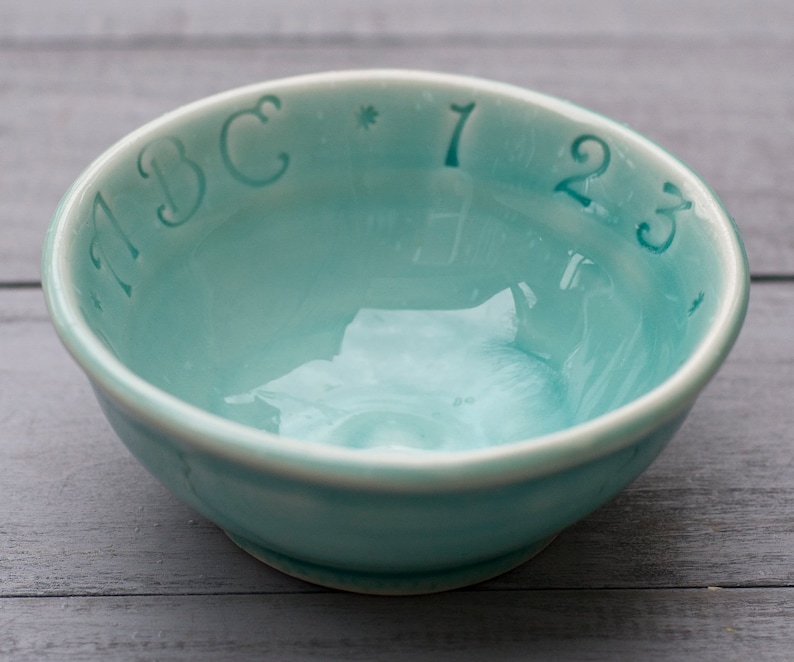 Wheel Thrown Pottery Bowl ABC bowl Baby Shower Gift Celadon Bowl Porcelain Baby Bowl ABC Bowl Small Bowl Ready to Ship Baby gift