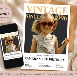 May include: A digital birthday invitation template featuring a photo of a child wearing heart-shaped sunglasses. The text reads VINTAGE SINCE 1996, COME CELEBRATE TAMARA'S 30TH BIRTHDAY, along with placeholders for date, time, location, and RSVP contact information.