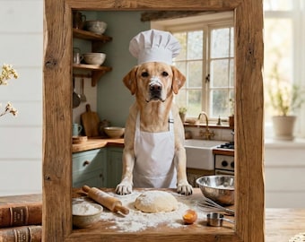 May include: A framed image of a Labrador Retriever wearing a chef's hat and apron, standing in a kitchen. The dog is surrounded by baking ingredients, including flour, dough, and a rolling pin. The frame is made of wood.