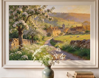 Cotswolds Spring Village Lane – Countryside Landscape – A3 A4 A5 Wall Art