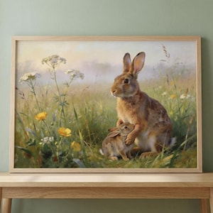 May include: A framed print depicting a mother rabbit and her young one in a meadow. The artwork uses a soft, painterly style with warm, natural colours. The rabbits are brown and tan, set against a backdrop of green grass and yellow flowers.