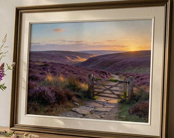 May include: A framed landscape painting depicts a sunset over rolling hills covered in purple heather. A wooden gate leads to a stone path. A vase of purple flowers sits on a wooden table.