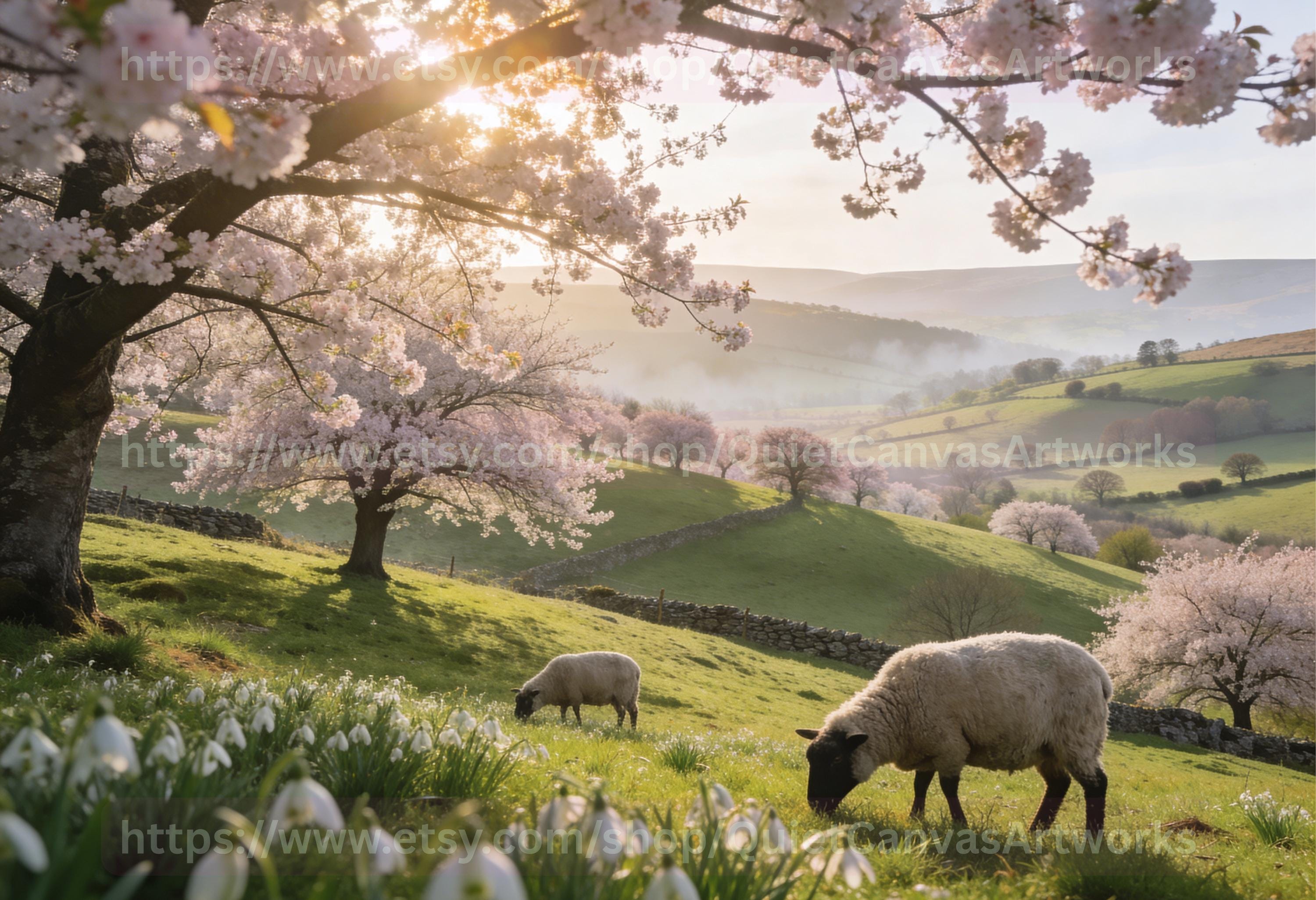 British Spring Countryside Wall Art – Blossom Trees & Grazing Sheep ...