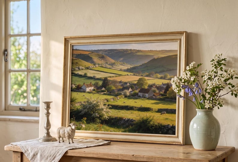 May include: A framed landscape painting depicting a rural village nestled in a valley, with rolling green hills and fields. A small ceramic sheep figurine and a silver candlestick sit on a wooden table. A vase of flowers is to the right.