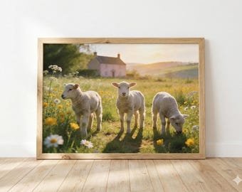 Trio di agnelli primaverili – English Meadow Cottage – A3 A4 A5 Cottagecore Wall Art