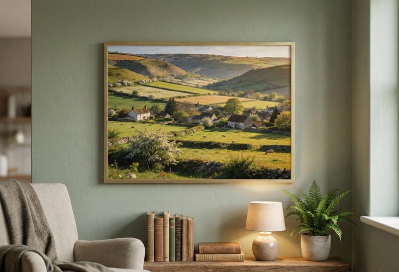 May include: A framed landscape print depicts a rural scene with rolling green hills, fields, and a small village. The artwork is in a gold frame and hangs on a sage green wall. A lamp, books, and a potted fern sit below the artwork.