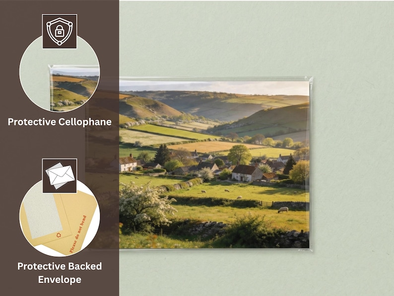 May include: A landscape print of a rural village scene, protected by cellophane and a protective backed envelope. The image shows rolling green hills, fields, and houses under a bright sky. The print is packaged for protection.