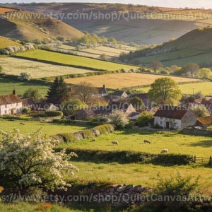 May include: A scenic landscape photograph of a rural village nestled in a valley. Rolling green hills surround the village, with fields and stone fences. Sheep graze in the fields, and the sky is a soft, golden hue.