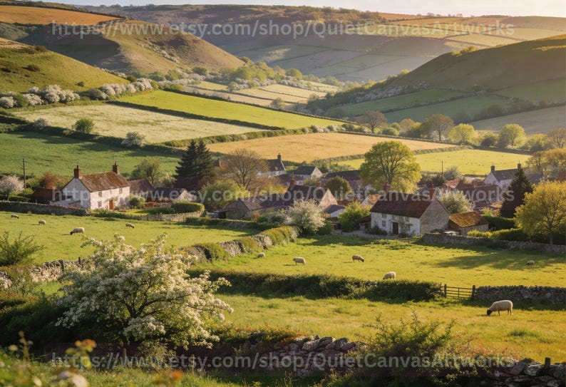 May include: A scenic landscape photograph of a rural village nestled in a valley. Rolling green hills surround the village, with fields and stone fences. Sheep graze in the fields, and the sky is a soft, golden hue.