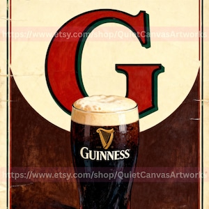 May include: Vintage-style poster with the text "SPLIT THE G" in red and green. A pint of Guinness stout with a creamy head is featured prominently. The Guinness logo is visible on the glass.