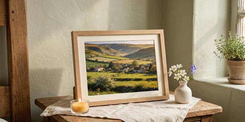 May include: A framed landscape print featuring a rural scene with rolling green hills, fields, and a village. The print is in a light wood frame, displayed on a wooden table with a lit candle and a small vase of flowers. A potted plant sits on a windowsill.