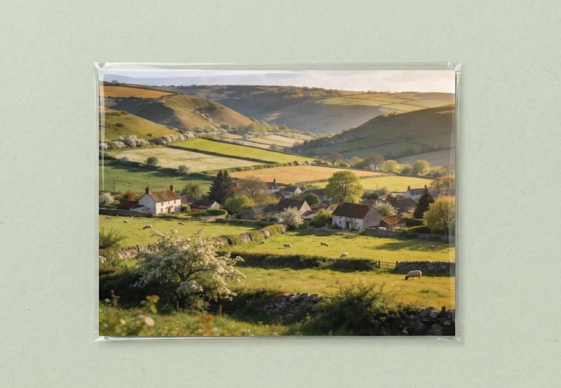 May include: A scenic landscape photograph of a rural village nestled in a valley. The image features rolling green hills, fields, and houses with stone walls. The photograph is encased in a clear plastic sleeve.