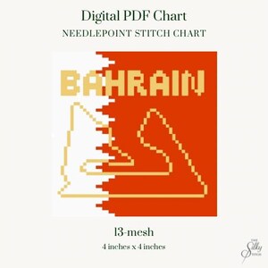 Könnte beinhalten: Digitales PDF-Kreuzstichmuster mit dem Wort "BAHRAIN" in Gold vor einem rot-weißen, verpixelten Hintergrund. Das Muster misst 10 cm x 10 cm.