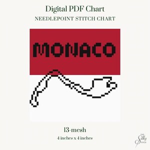 Könnte beinhalten: Digitales PDF-Nadelstickmuster mit dem Wort "MONACO" in schwarzen Blockbuchstaben auf rotem und weißem Hintergrund. Das Muster misst 10 x 10 cm und hat 13 Maschen.