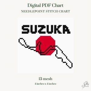 Könnte beinhalten: Digitales PDF-Kreuzstichmuster mit dem Wort "SUZUKA" in schwarzen Pixelbuchstaben über einem roten Kreis und einem schwarzen Pixeldesign. Das Muster ist 10 cm x 10 cm groß.